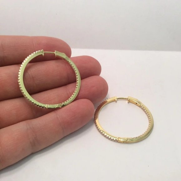 YELLOW  Solid 925 Sterling Silver POLISHED  HOOPS CZ EARRINGS 1 1/2'' - Picture 5 of 7